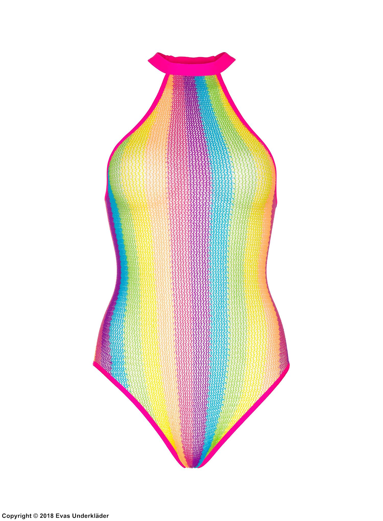 Dessous-Teddy, Netz, Neckholder, Regenbogen, bunte Streifen